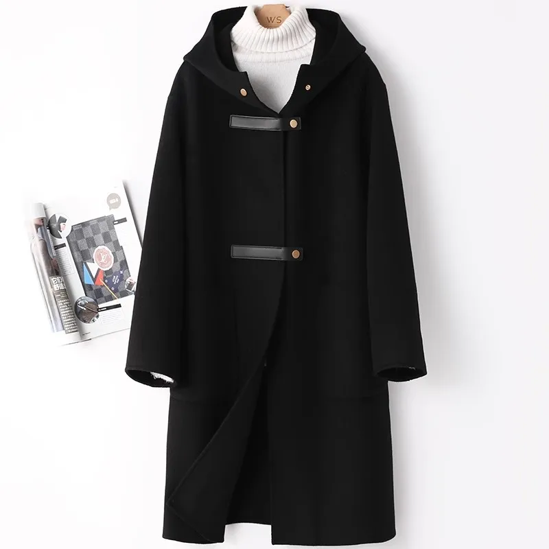 Fashion Hooded Double-sided Cashmere Coat Women 2024 Autumn Winter Double-sided Woolen Windbreakers Temperament Slim Wool Coats