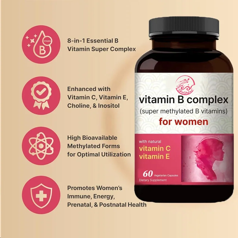 Complejos vitamínicos B, C y E para mujer, 60 cápsulas de folato, biotinicolín y inositol energía inmune y apoyo prenatal