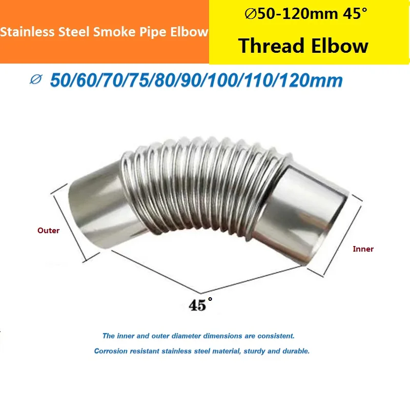 45 °   50-120mm Filettatura in acciaio inossidabile Gomito Tubo di ventilazione Connettore Raccordo di scarico Testa angolare per cucina