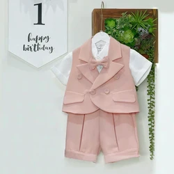 Kids Clothes Pink Boys Suit 3 Piece Vest Short Tiebow +Hat Clothing Set Tuxedo Kids Fashion Custom 1-4 Years Birthday Dress