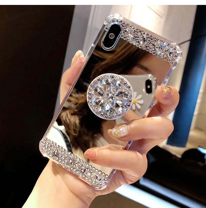 Diamond Mirror Soft Case With Gasbag Stand Foldable Holder Stent Case For iPhone  16Pro 15 14 13 11 12 Pro Max XS Max X XR 8Plus