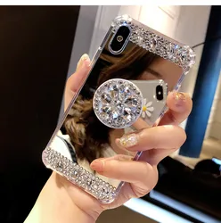 Diamond Mirror Soft Case With Gasbag Stand Foldable Holder Stent Case For iPhone 17 16Pro 15 14 13 11 12 Pro Max XS Max X XR
