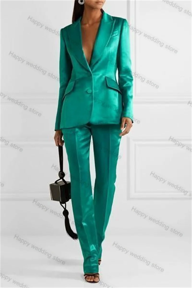 Satin Women Suit Set Blazer+Pants 2 Pieces Formal Slim Fit Wedding Tuxedos Custom Made V Neck Jacket Coat+Trousers Prom Dress