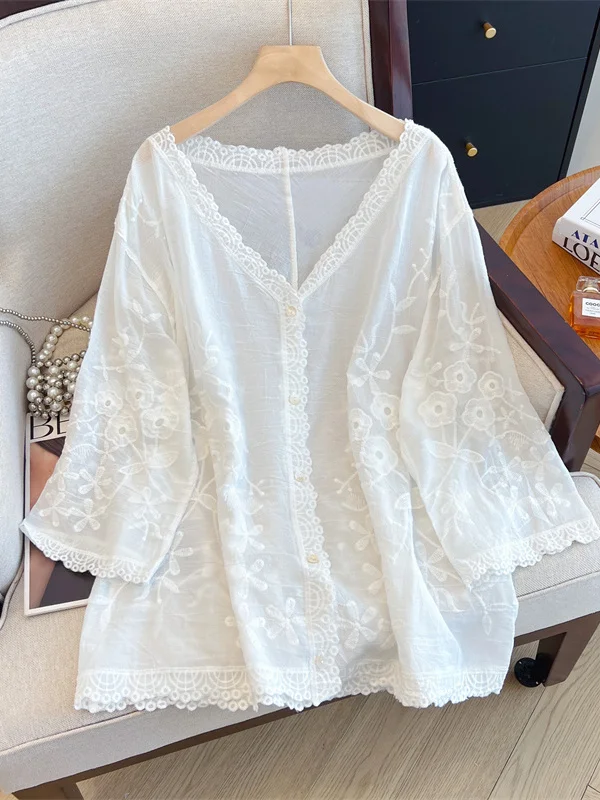 قميص دانتيل مطرز جديد صيفي جديد فضفاض ملابس أمومة سترة رفيعة ملابس خارجية للنساء مقاس كبير نمط غير رسمي #4