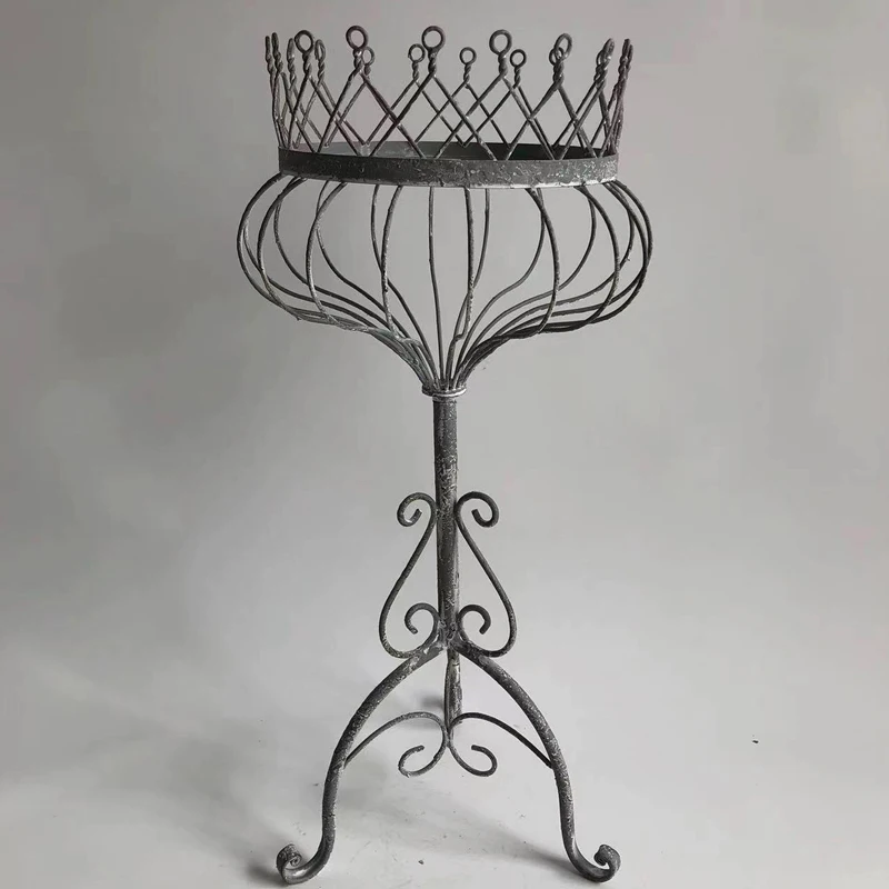 

Vintage Distressed Gray Garden Plant Stand with Crown Design