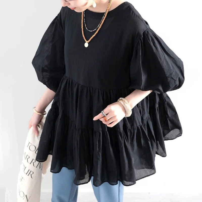 Kuzuwata Solid Color Lantern Sleeve Shirt Women Summer Japanse Mid-Length Blouse Chic Casual Temperament Slim Round Neck Blusa