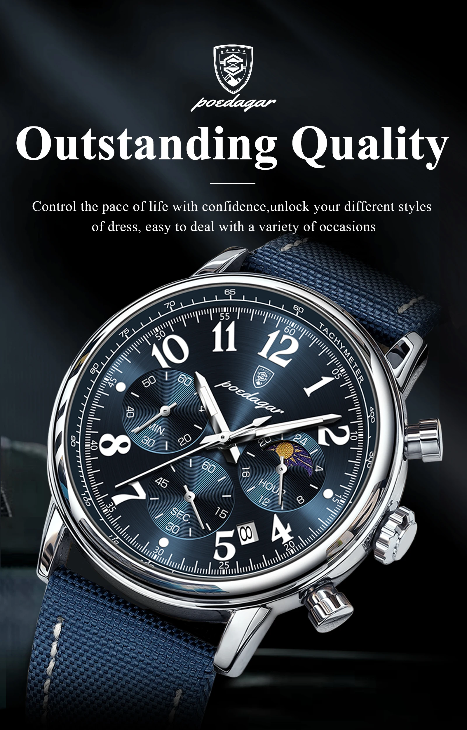 POEDAGAR Luxus Sport Militär Männer Uhr Wasserdicht Leucht Chronograph Nylon Leder Datum Mann Armbanduhr Quarz herren Uhren – Detail 2