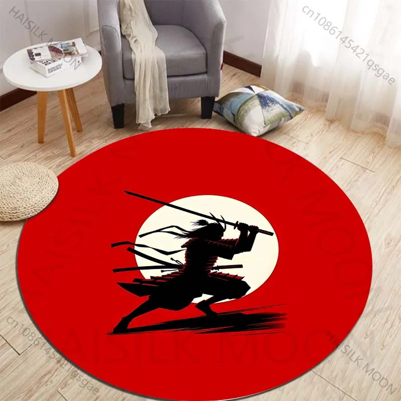 Samurai silhouette with red sun backdrop Printed round carpet living room sofa table carpet large pet mat soft round carpet