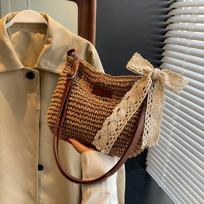 Bohemian Straw Beach Bags For Women High Capacity Handmade Shoulder Bag Casual Woven Totes Bag Shopping Clutch Handbag