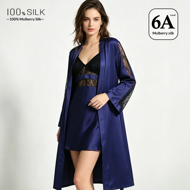 100% Mulberry Silk Sexy Sheer Lace Nightgown & Robe Satin Homewear Solid Mini Chemise Kimono Gown Sleepwear Lingerie Bathrobe PJ