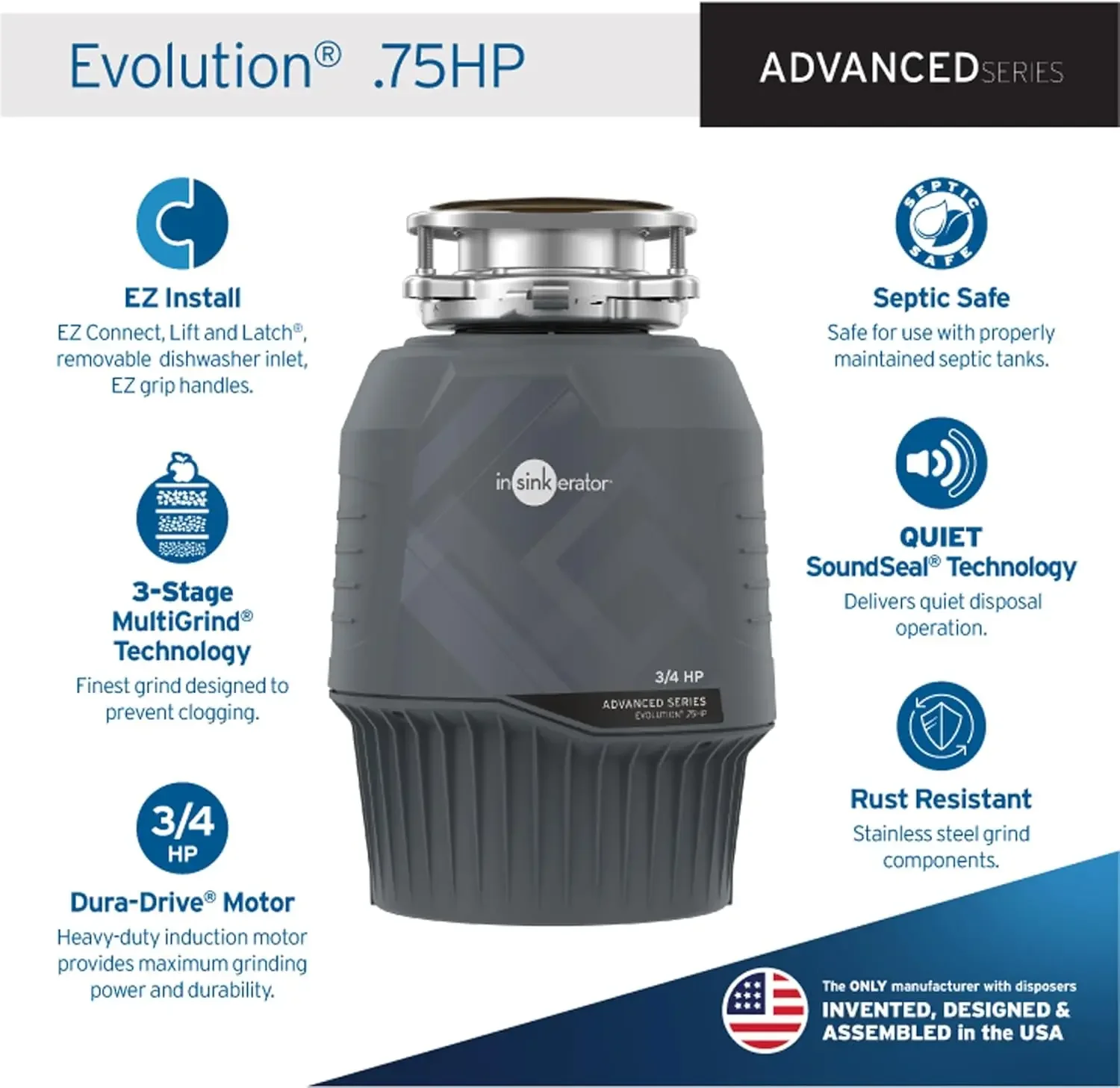 EVOLUTION 0.75HP 3/4 HP, Advanced Series EZ Connect Continuous Feed Food Waste Garbage Disposal, Gray