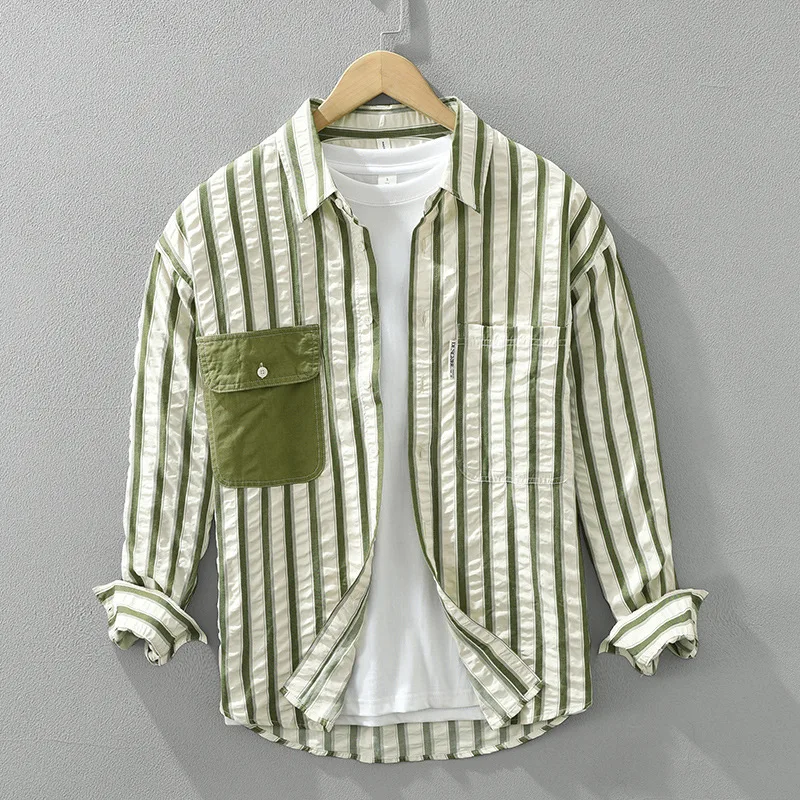 Green Vertical Striped Shirts for Men 2024 Spring Fashion Long Sleeve Blouse for Youth Male Handsome Cool Casual Loose Tops