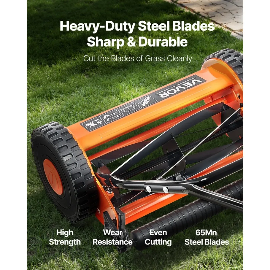 14 Manual Push Reel Lawn Mower 5Blade Adjustable Height Grass Catcher 2 Wheels