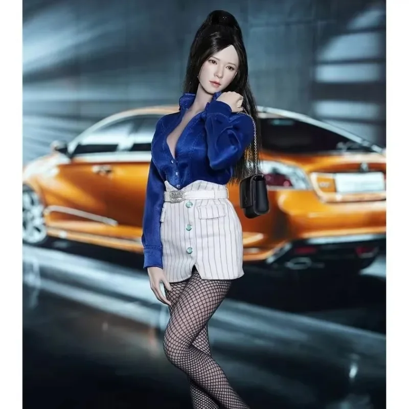 1/6Scale City Beauty Deep V-neck Shirt Striped Skirt Fishnet Stockings Suit Clothes Model for 12