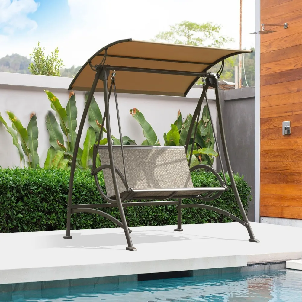 

Two-Person Outdoor Patio Swing with Adjustable Canopy and Stand, Weather-Resistant Steel Frame, Comfortable Loveseat Swing with