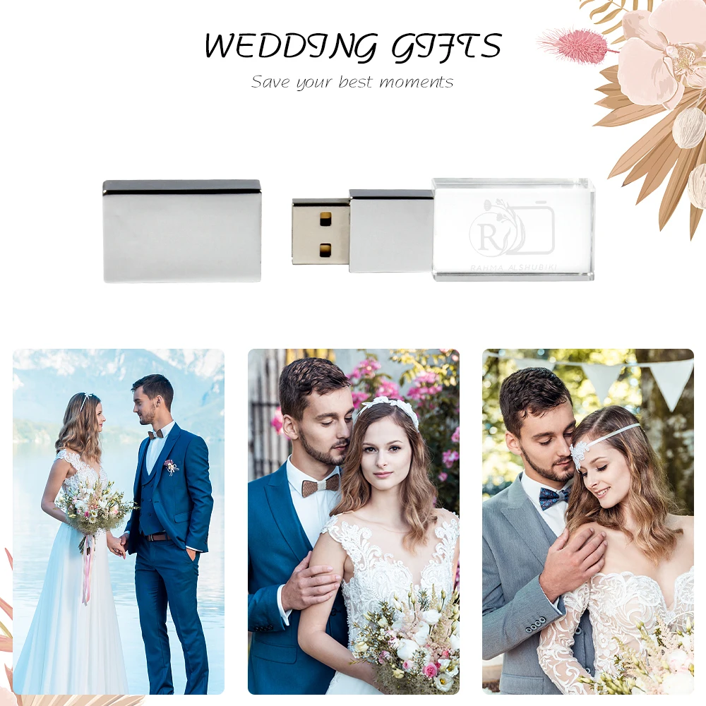 Wedding Photography Gift Box USB 3.0 Flash Drive Free Custom Logo Crystal Pen Drive Color Printing Memory Stick 64GB High Speed