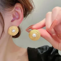 Vintage Fashion Entangle Geometry Round Pearl Stud Earrings for Women Temperament Gold Color Stainless Steel Exquisite Jewelry