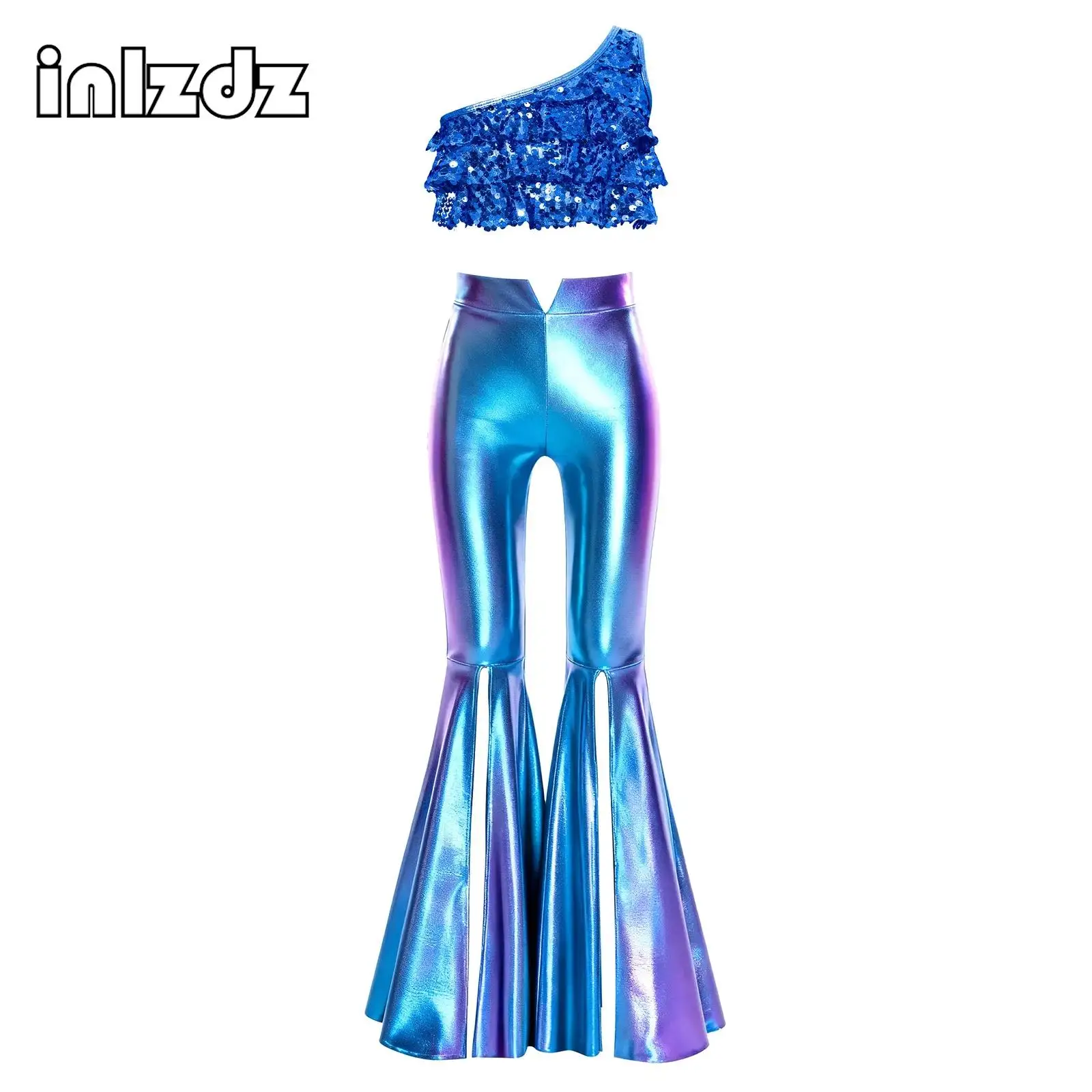

Kids Girls Tango Jazz Dance Outfit One Shoulder Sequins Sleeveless Crop Top with Split Bell-Bottom Metallic Pants for Stage Show