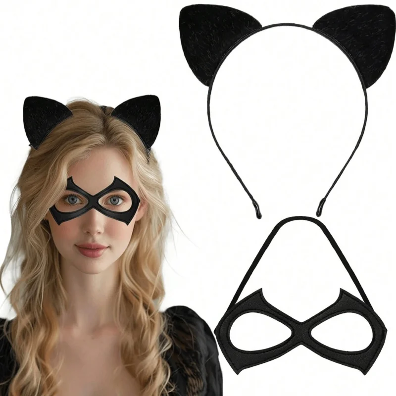 Conjunto de diadema con orejas de gato y antifaz para Halloween, accesorio de disfraz de gata negra, diadema y antifaz para fiestas temáticas de disfraces para adultos.
