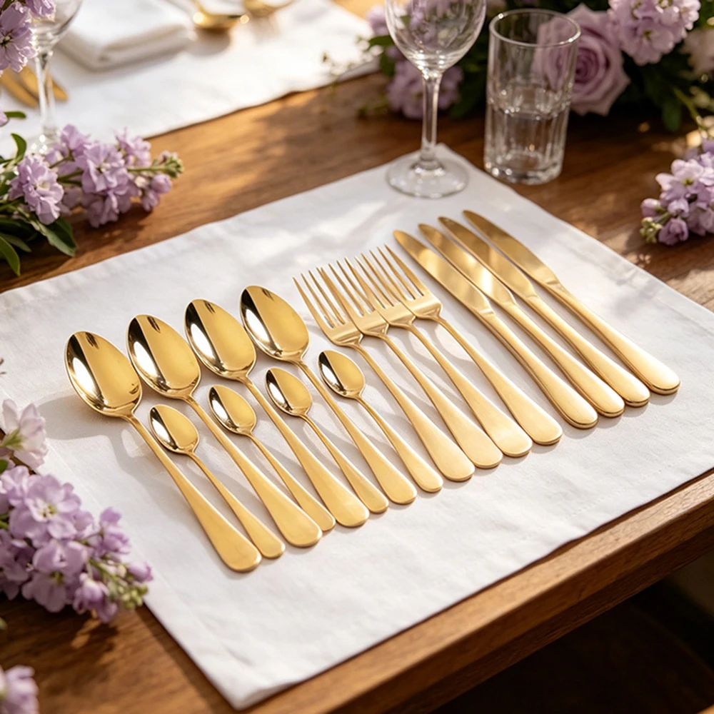 

16Pcs Gold Dinnerware Set Knife Fork Coffee Tea Spoon Cutlery Set Stainless Steel Tableware Western Home Kitchen Flatware