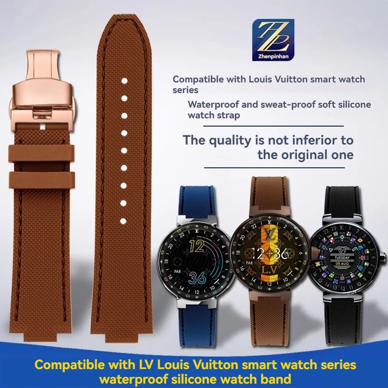 Leather Silicone Rubber Bottom Watchband for LV Louis Vuitton Smart Watch Tambour Series Raised Mouth 21x12mm Watch Strap Band