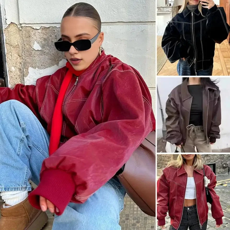 Cool Casual Women Leather Jackets Turn-down Collar Single Breasted Pockets Loose Female Coat 2024 Autumn Fashion Lady Coats YK2