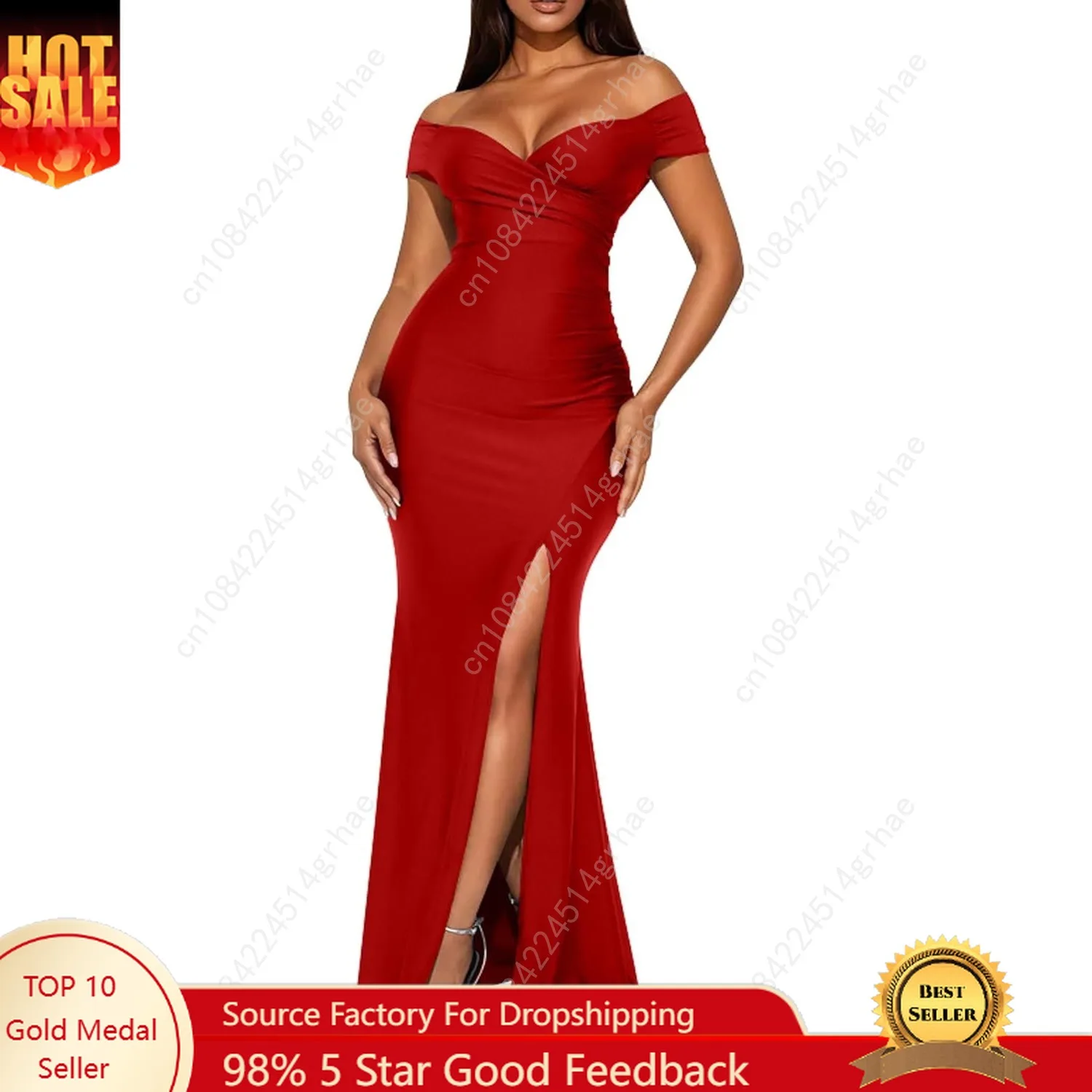 Women's Sexy V Neck Sleeveless Off Shoulder High Split Cocktail Party Maxi Dress