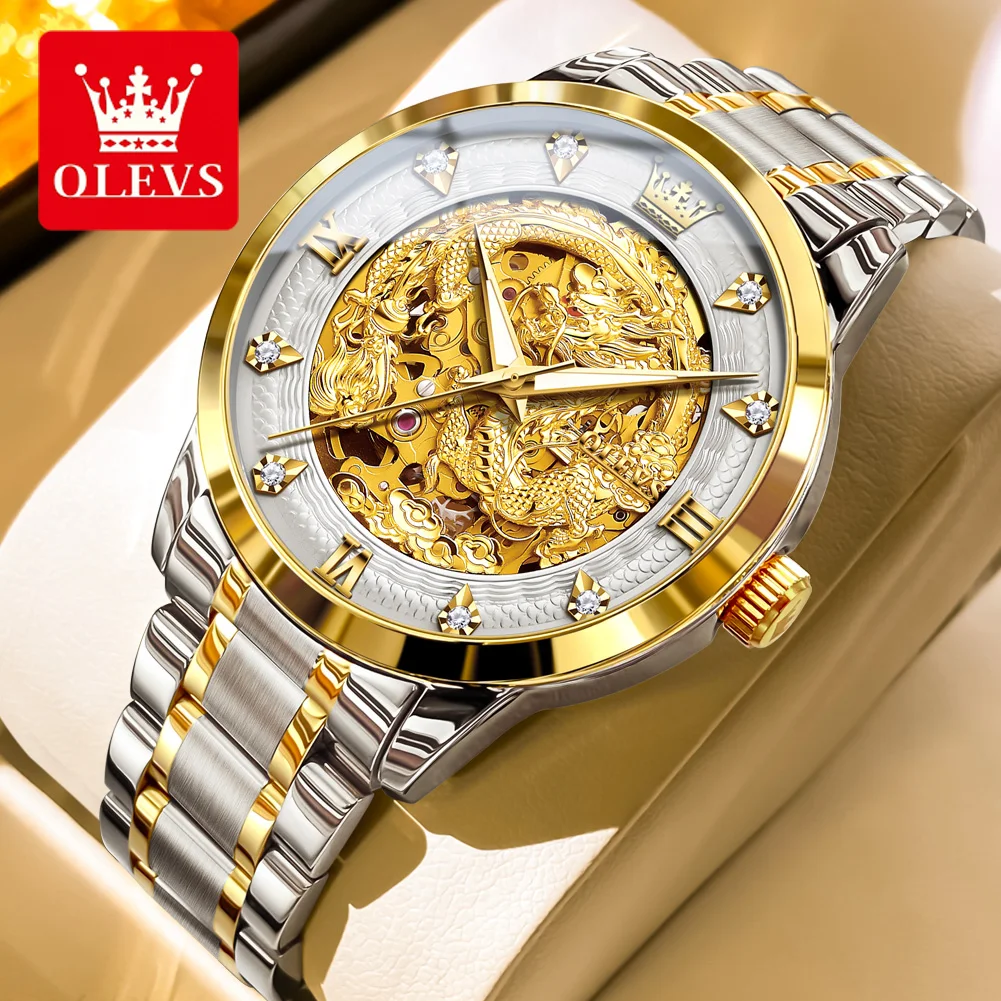 

OLEVS 7027 Original Luxury Automatic Mechanical for Men Hollowed Dragon Waterproof Stainless Steel Mens Dress Wristwatch