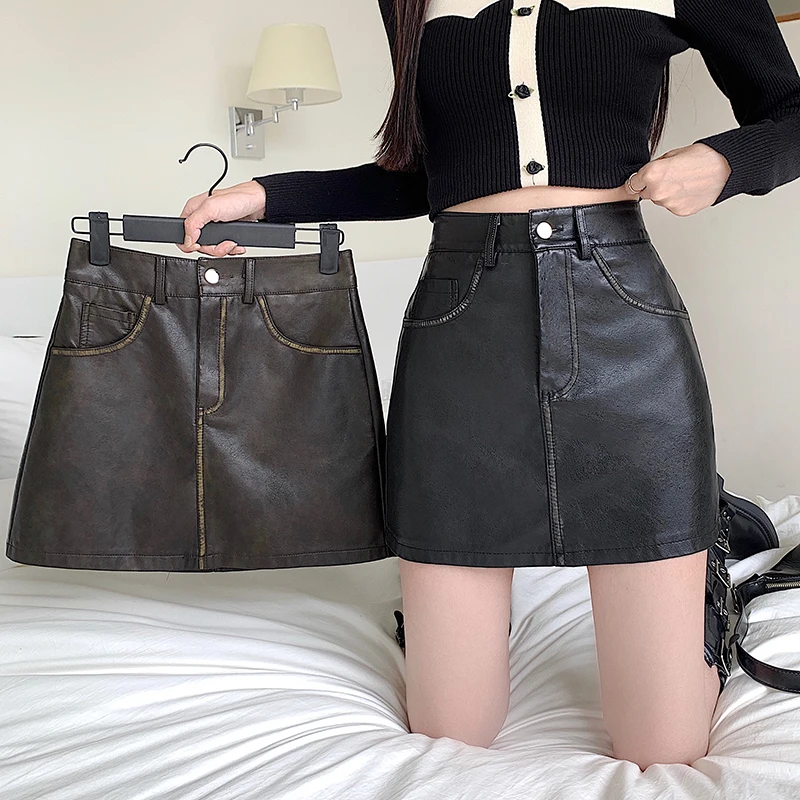 2023 Autumn/Winter American Retro Heavy Craft Polished PU Wash Skin Skirt Spicy Girl Slim Fit High Waist Wrapped Hip Short Skirt