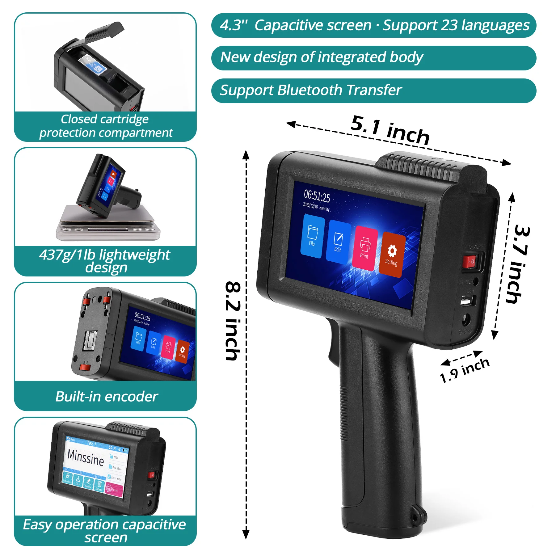 Imagem -05 - Handheld Inkjet Printer Gun Tinta de Secagem Rápida Código de Barras qr Número do Lote Logotipo Data Label Printer Não Criptografado 127 Milímetros