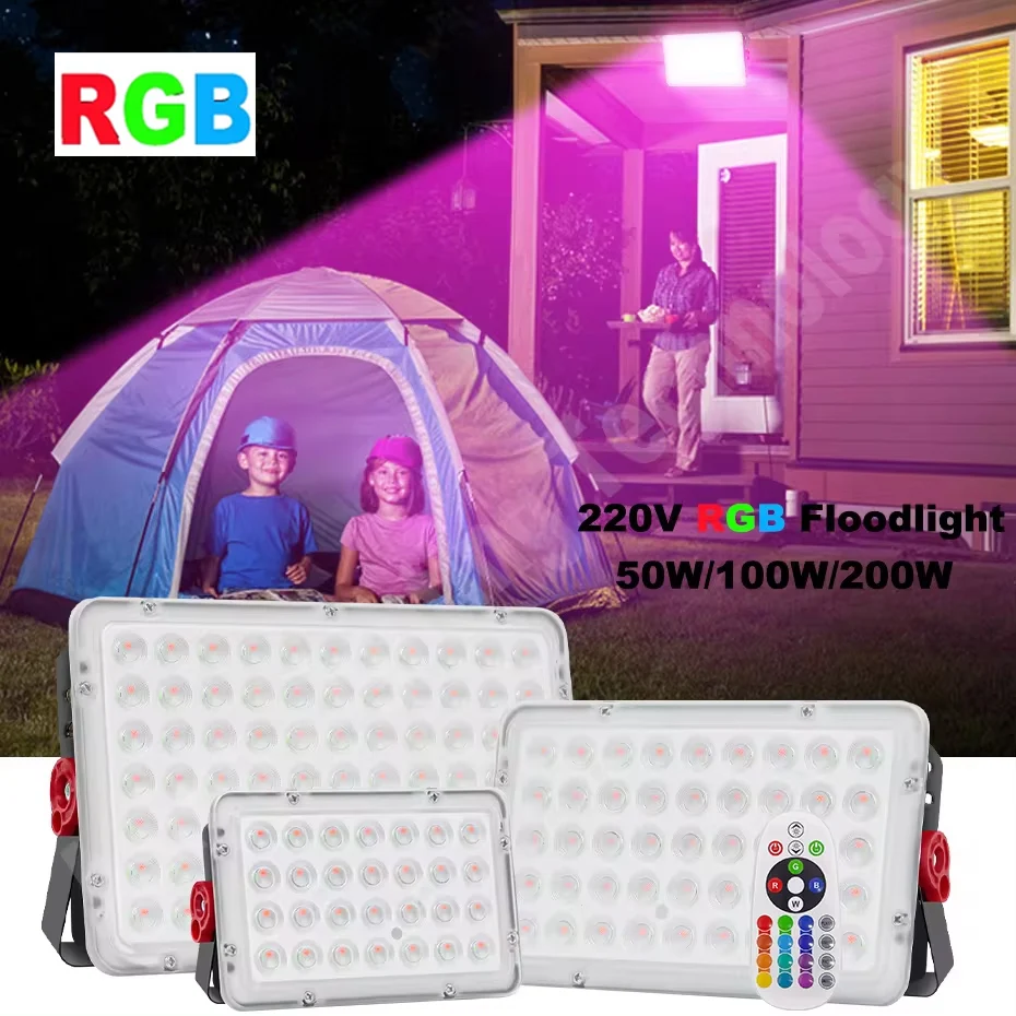 

220V LED RGB Floodlight 200W 100W 50W LED Spotlight Waterproof IP66 Outdoor RGB Projector Lighting Dimmable with Remote Control