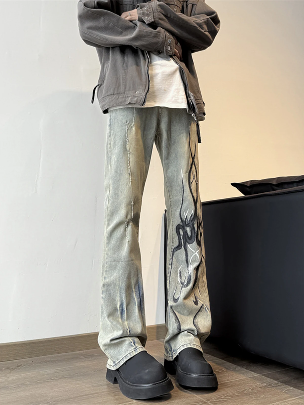 

American Sle Mud Color Straight Leg Jeans Men's Autumn Winter Slimming High Street Vibe Jeans Youth Faion Casual Pants