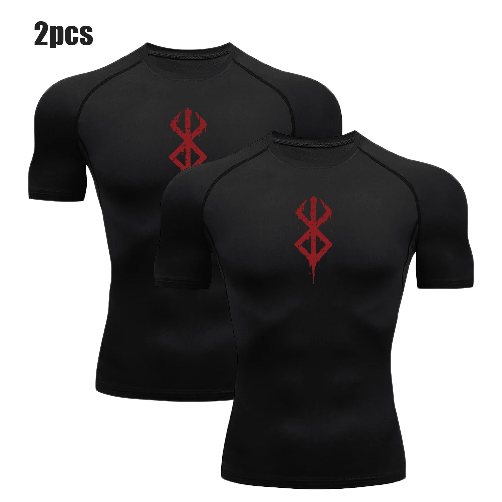 2pcs Anime Compression Shirt For Men Berserk Guts Print Athletic Workout Gym Rash Guard 2pcs Set Quick Dry Performance Tops