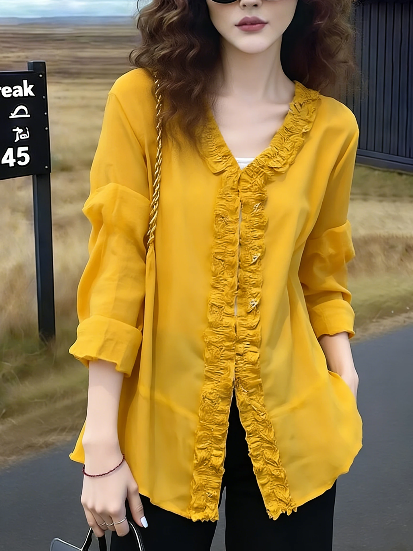 

Spring 2026 Pure Color Fashionable Long Sleeve Shirt Unique V-Neck Design Wooden Ear Sensation Versatile Top Women's Silk
