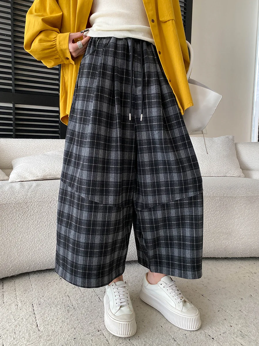 Autumn new retro lazy style contrasting plaid curved knife wide leg casual pants