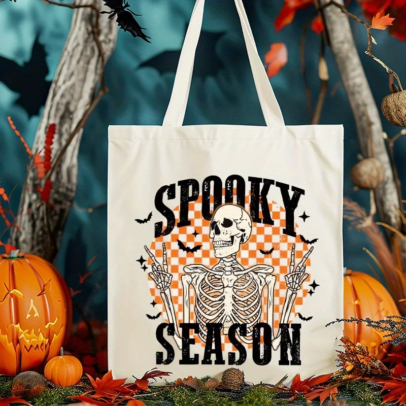 

Women's Halloween Canvas Tote Shoulder Bag Skull Pumpkin Ghost Spooky Vintage Gothic Print Festive Shopping Bags for Women