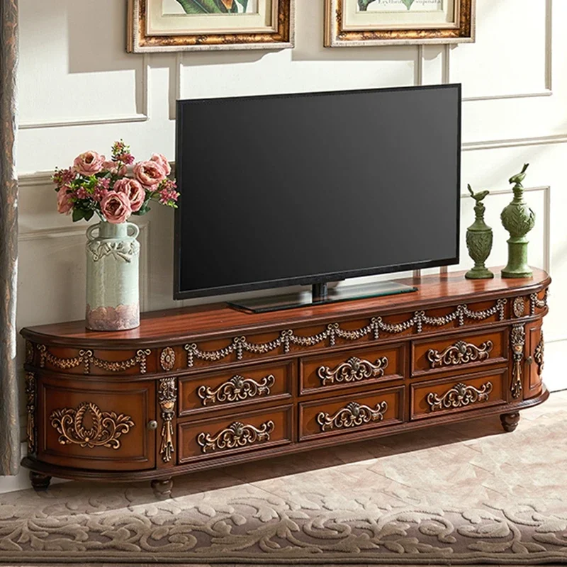 

European-Style TV Cabinet Solid Wood American Floor Cabinet Hand-Painted Coffee Table Carved Combination Small Apartment