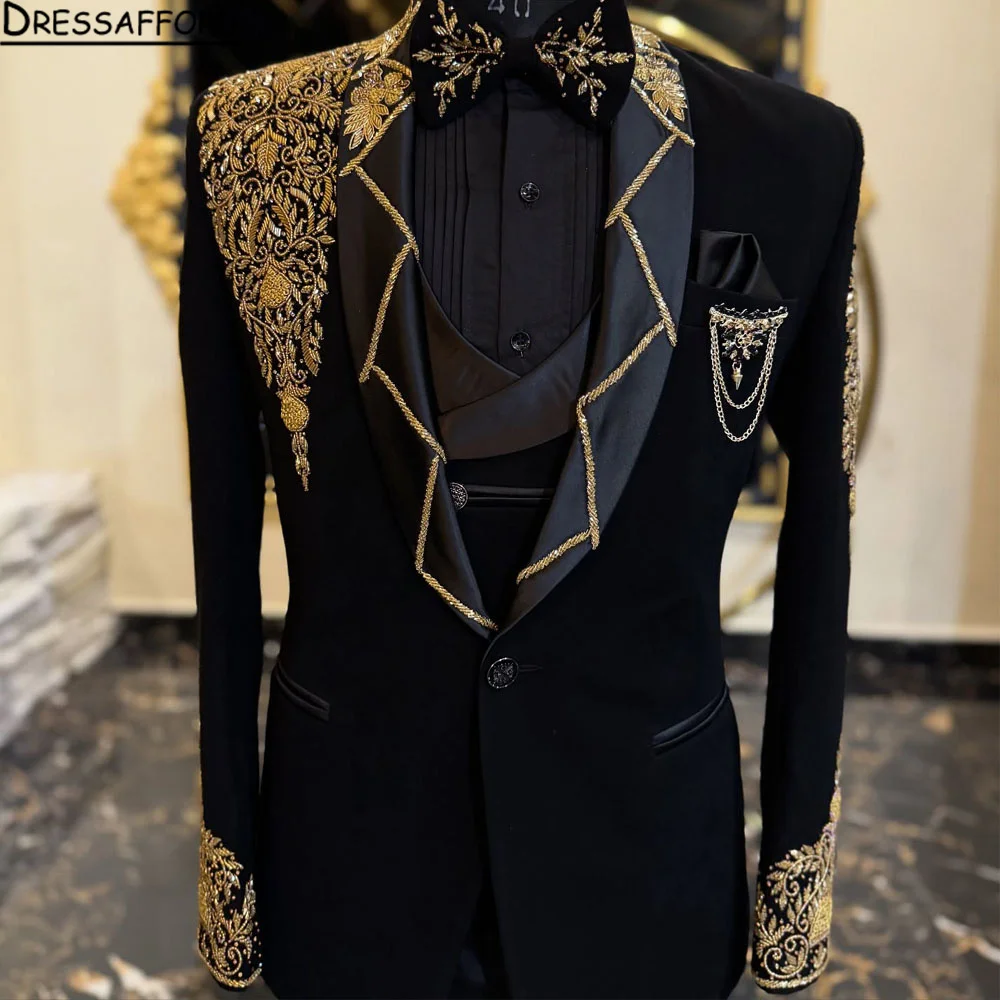 Black Wedding Suits For Men Groom Wear Tuxedos Handmade Gold Beaded Lapel Blazer Set Formal Prom Party 2 Pieces Dress 2025
