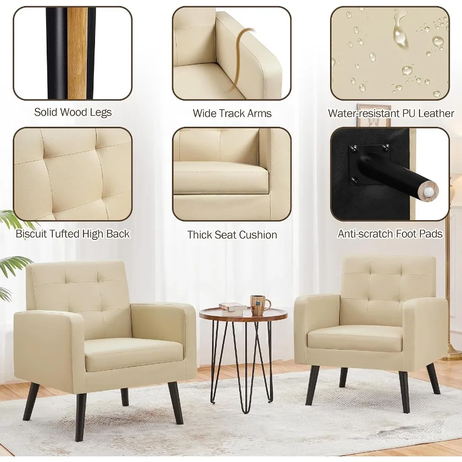 كراسي متوسطة القرن مصنوعة من جلد البولي يوريثان كرسي غرفة المعيشة المنجد الحديث مع كرسي بذراعين مريح وزر معنقدة من الخلف وأرجل خشبية P #6