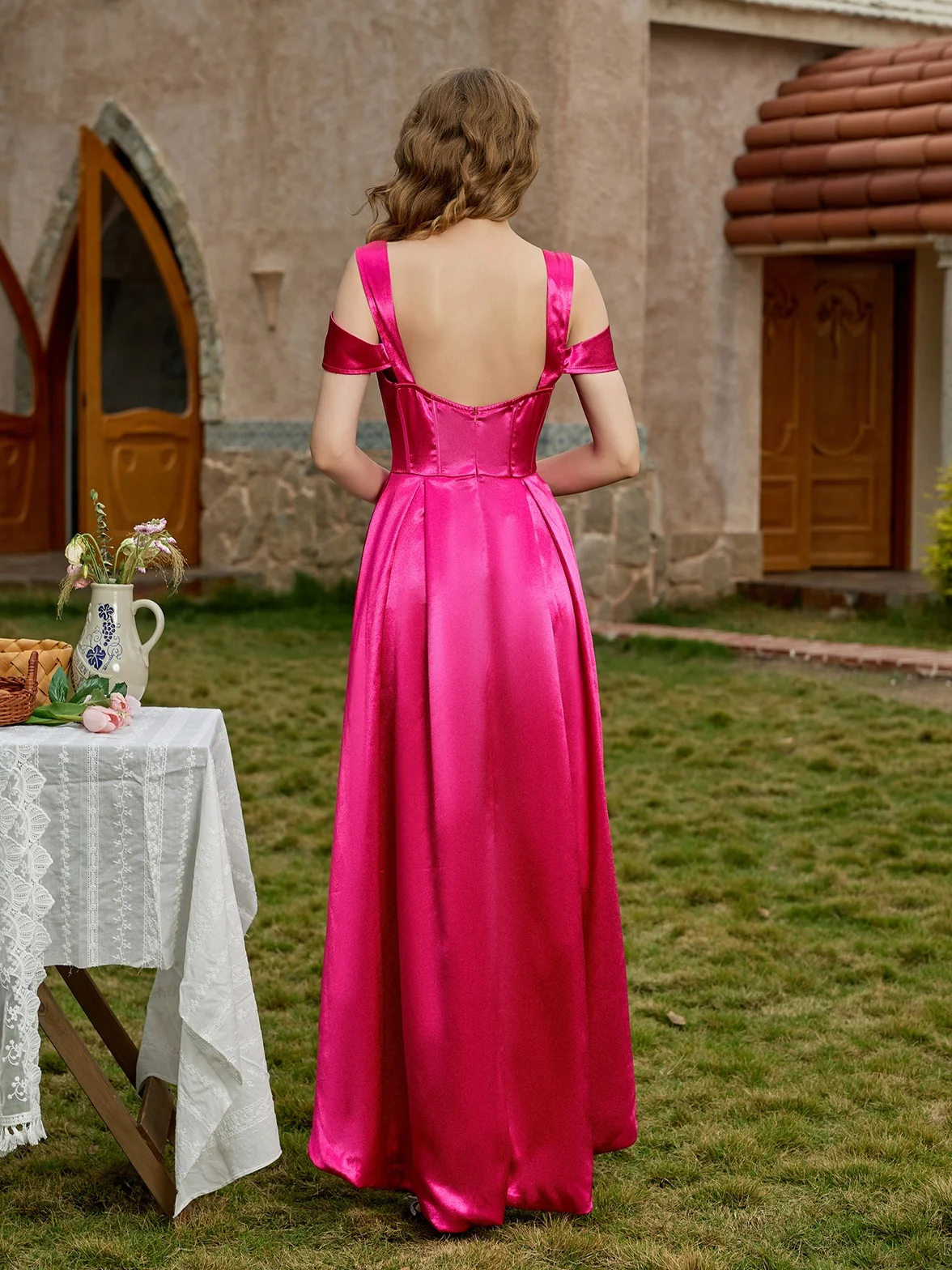 Spaghettibandjes V-hals Celebrity Jurken Voor Vrouwen Rose Rood Satijn Onregelmatige Backless Prom Gown Sexy Night Party Queen Vestidos