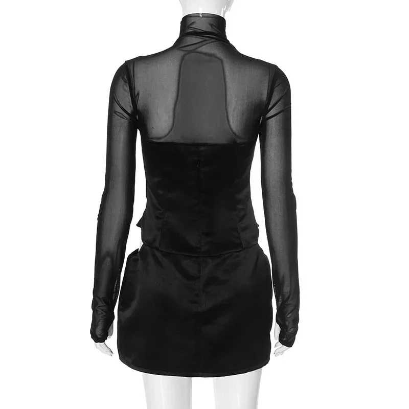 Sexy Mesh Patchwork Pullover Mini Dresses Women Turtleneck Long Sleeve Satin Cut Out Bodycon Club Evening Party Dress Outifits