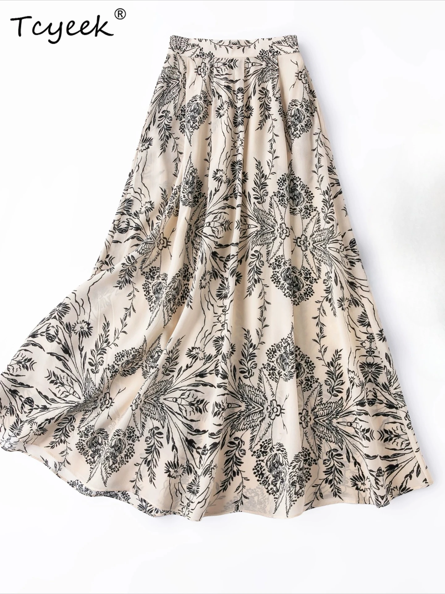 Tcyeek 100% Real Silk Beach Skirt for Woman 2026 Elegant Womens Skirts Summer Clothes Elastic Waist Vintage Faldones Para Mujer