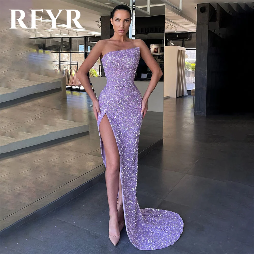 

RFYR Purple Elegant Sequins Women Evening Dresses Strapless Pleats Sleeveless Split Trumpet Prom Formal Gowns Dress Customized