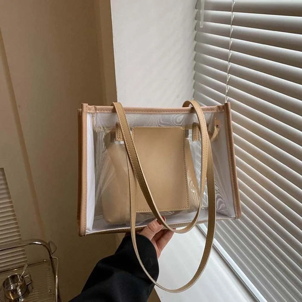 

Набор из 2 элегантных прозрачных сумок-тоут из ПВХ с эффектом желе, большой вместимости, в конфетных цветах, с отделением для хранения, из искусственной кожи, женская сумка