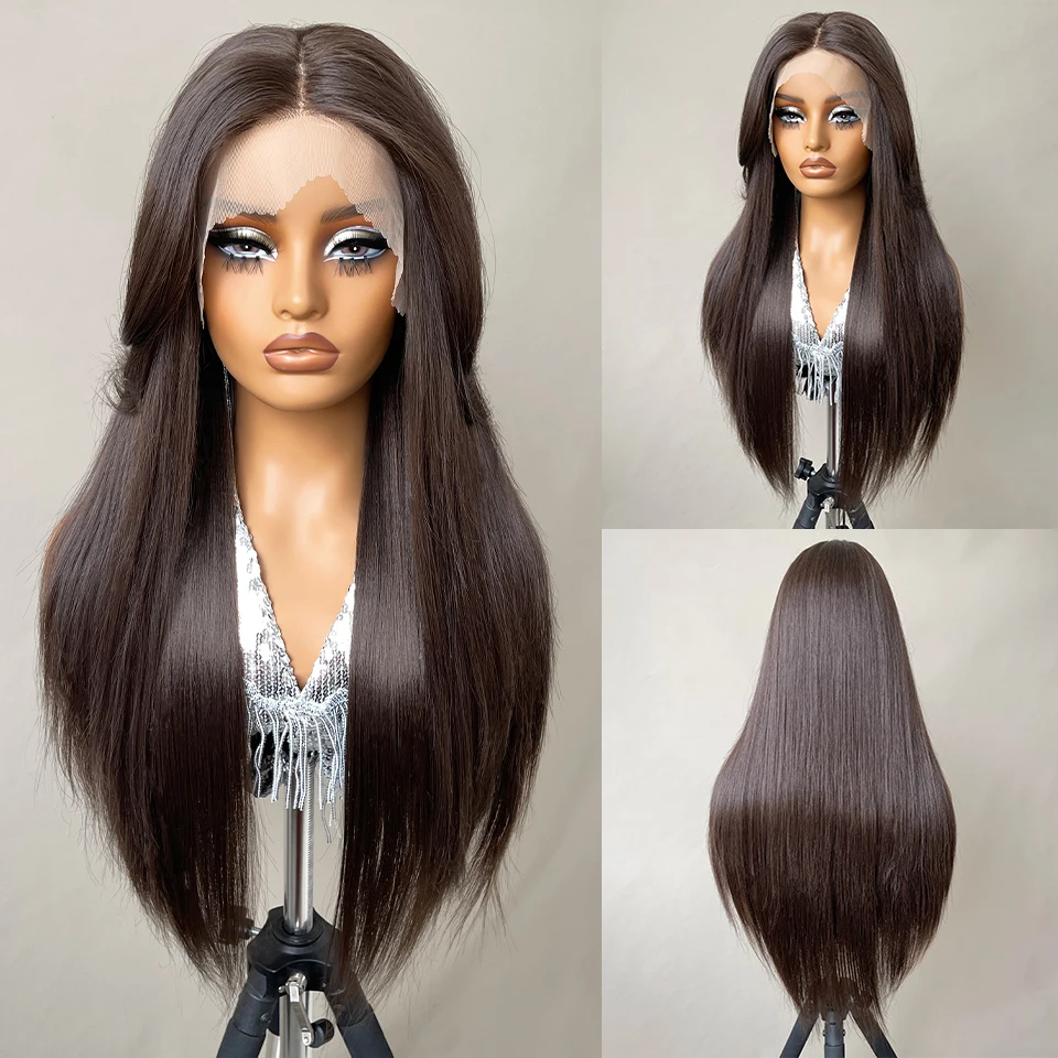 13x6 Synthetische Lace Front Perücken 30 Zoll Lange Gerade Blonde Perücke Für Schwarze Frauen Natürliche Ombre Braun Cosplay Highlight Spitze Perücke – Detail 14