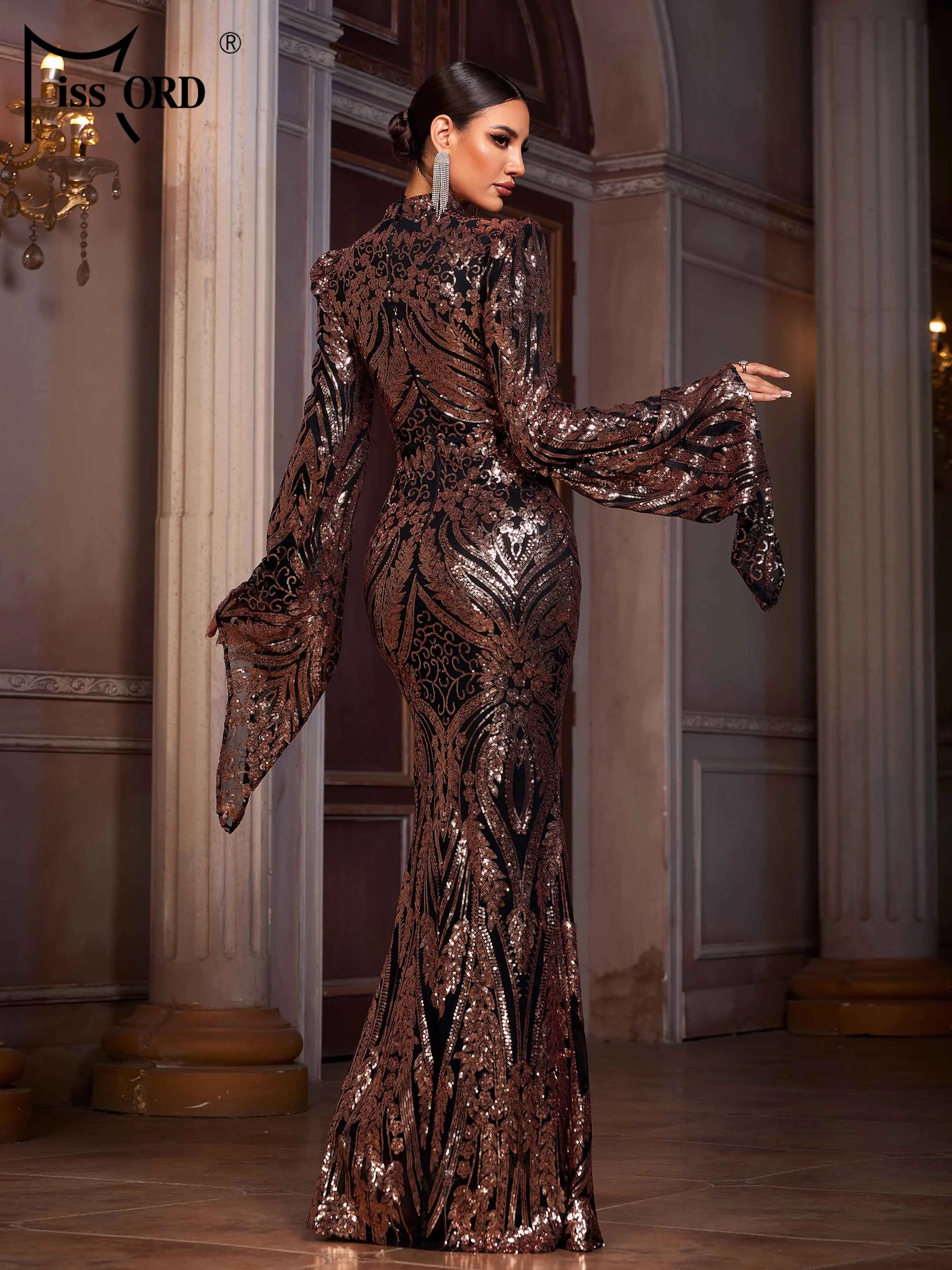 Missord New Round Neck Flare Sleeve Sequin Mermaid Evening Gown Geometry Wedding Birthday Party Formal Occasion Maxi Dresses