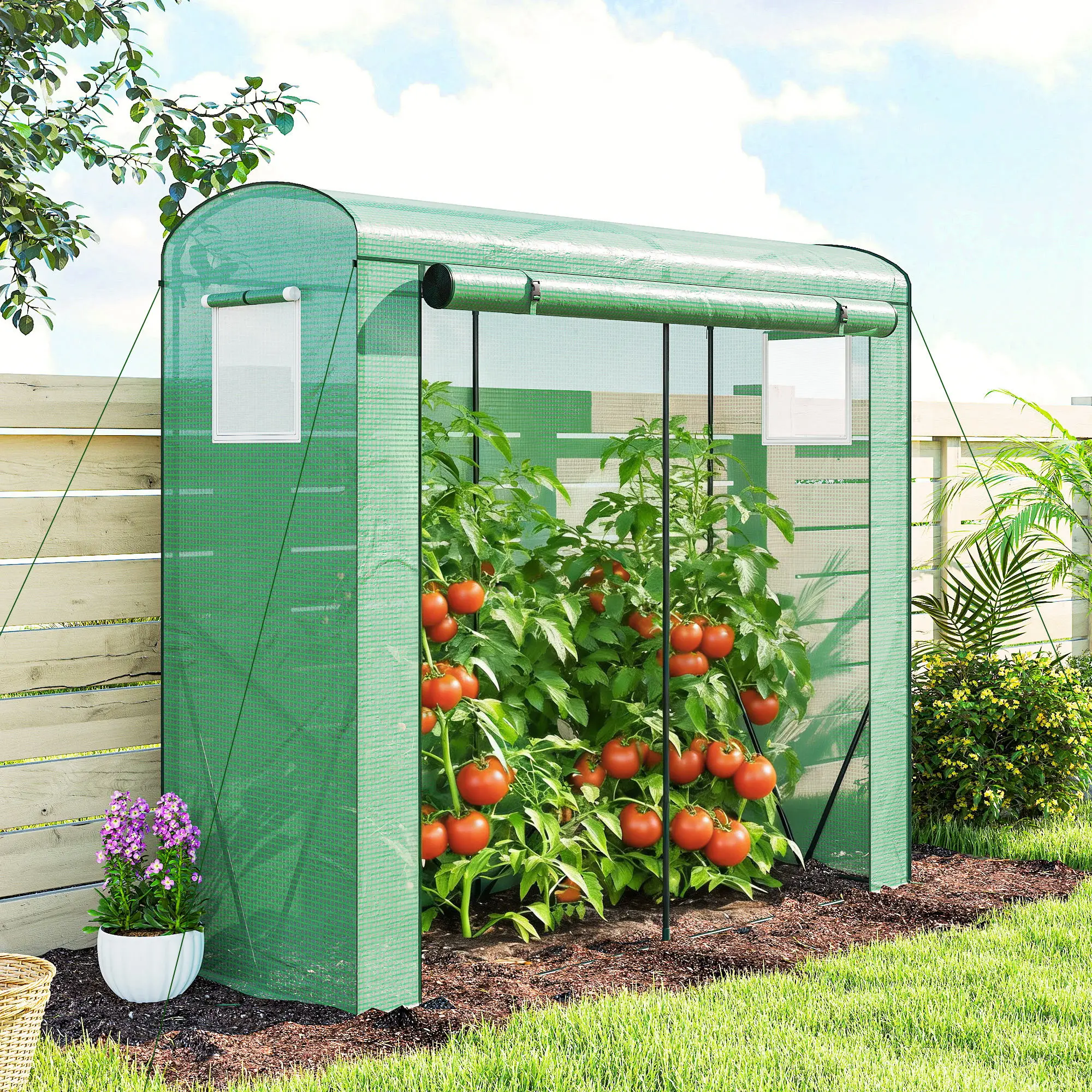 Mini Greenhouse, Portable Greenhouse with Roll-Up Door and 2 Mesh Windows, PE Cover, 78.7