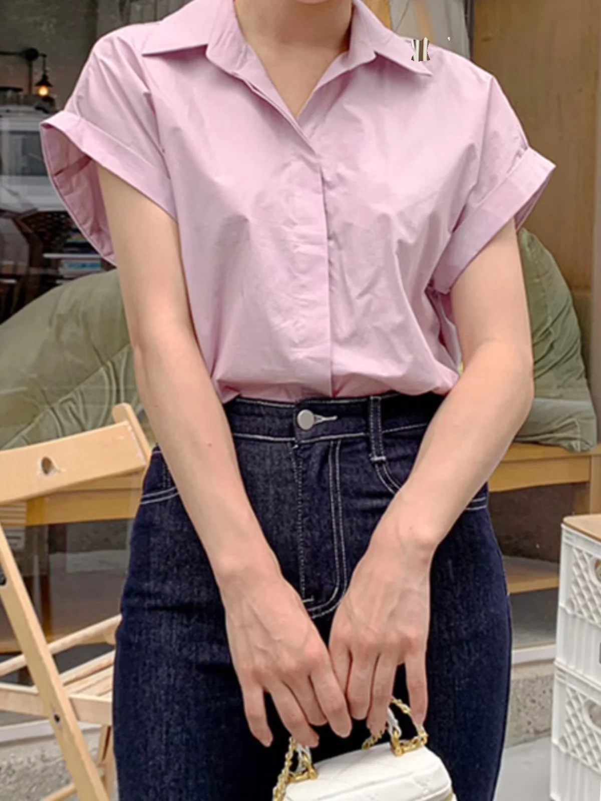 Csa Casual Rosa Fena Estilo Chic de Verão Nova Moda Versátil com Punho e Colarinho  E