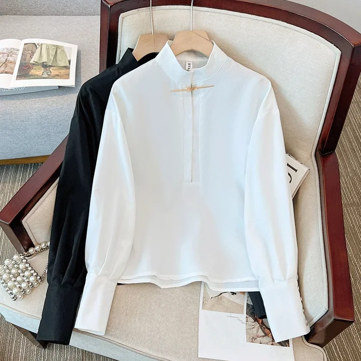 

Новая женская блузка в китайском стиле с длинным рукавом, воротником-стойкой, на пуговицах, с металлическими элементами, весна-осень, новая ретро-модель, трендовый топ