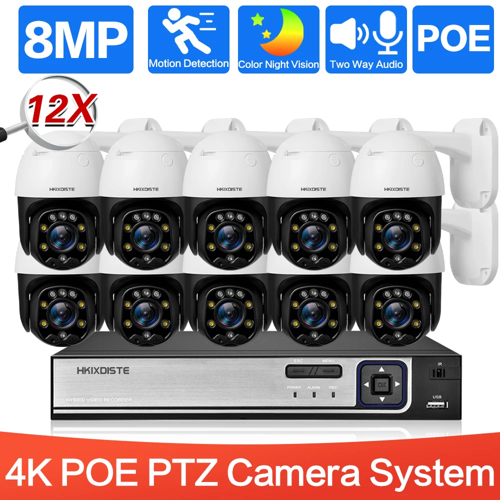 sistema de camera poe ip seguranca externa deteccao humana audio bidirecional vigilancia por video kit nvr 10ch 8ch 12x zoom 8mp ptz 01